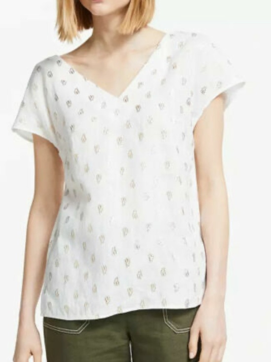 Boden Tops - Boden White Linen Gold Palm Leaf Print V-Neck Cap Sleeve Top Size 8